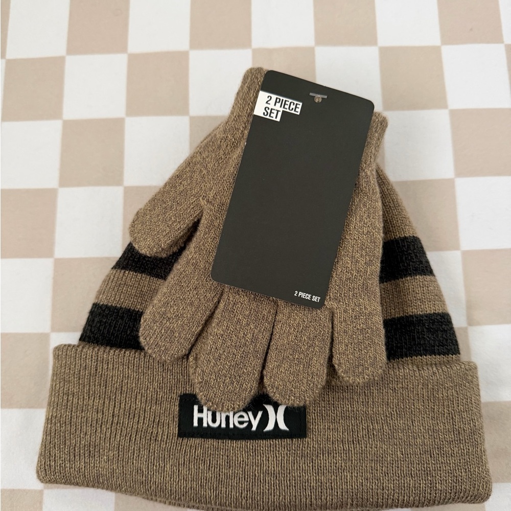 Hurley Brown Knit Beanie and Glove Set with Black Stripes